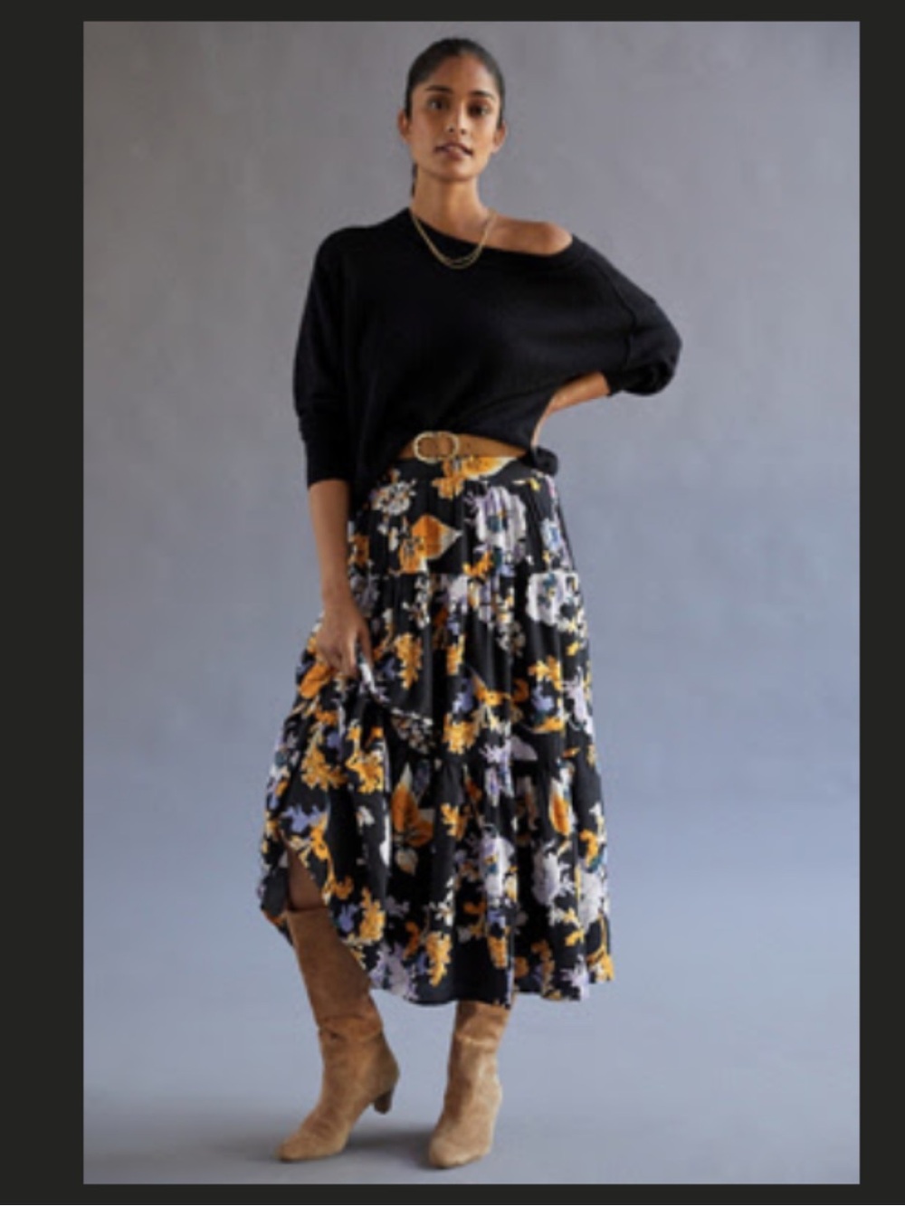 Maeve Tiered Maxi Skirt in Dark Floral